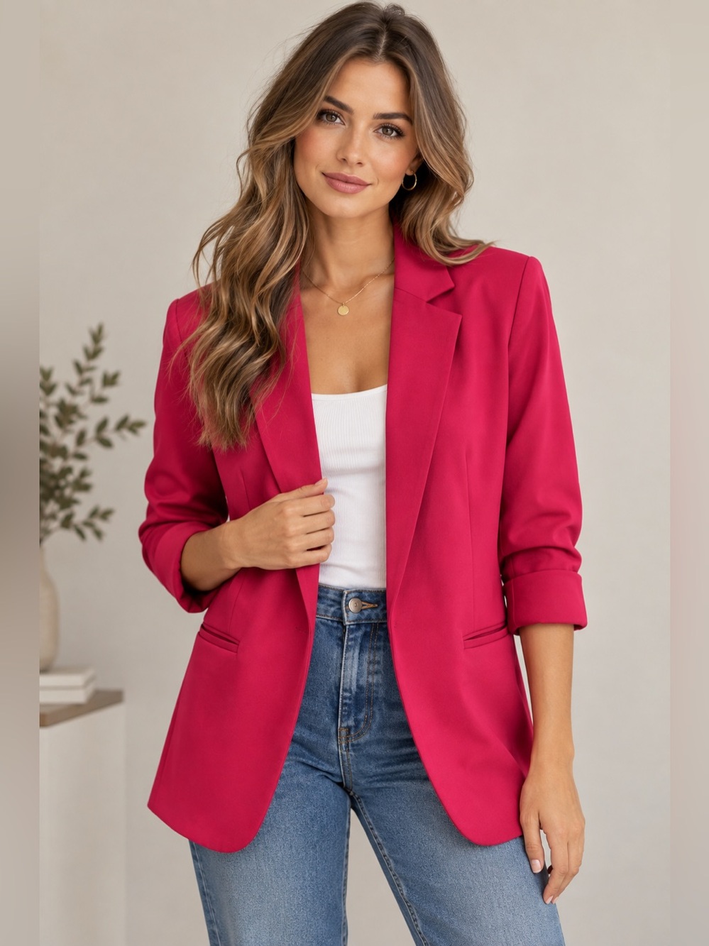 Zenana Fuchsia/Cranberry Open Front Longline Blazer Size Small